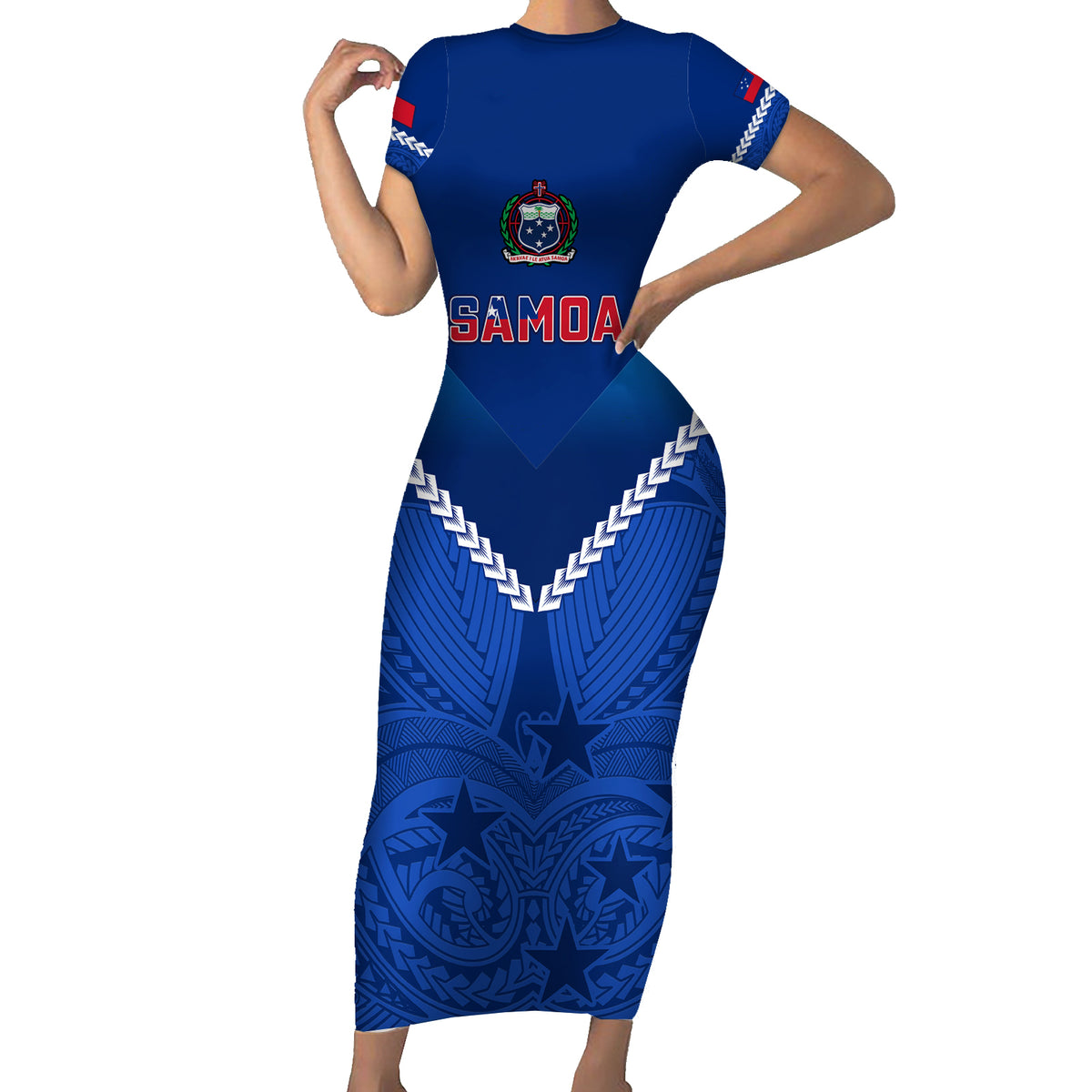 Samoa Rugby Short Sleeve Bodycon Dress 2023 Go Manu Samoa LT14 Long Dress Blue - Polynesian Pride