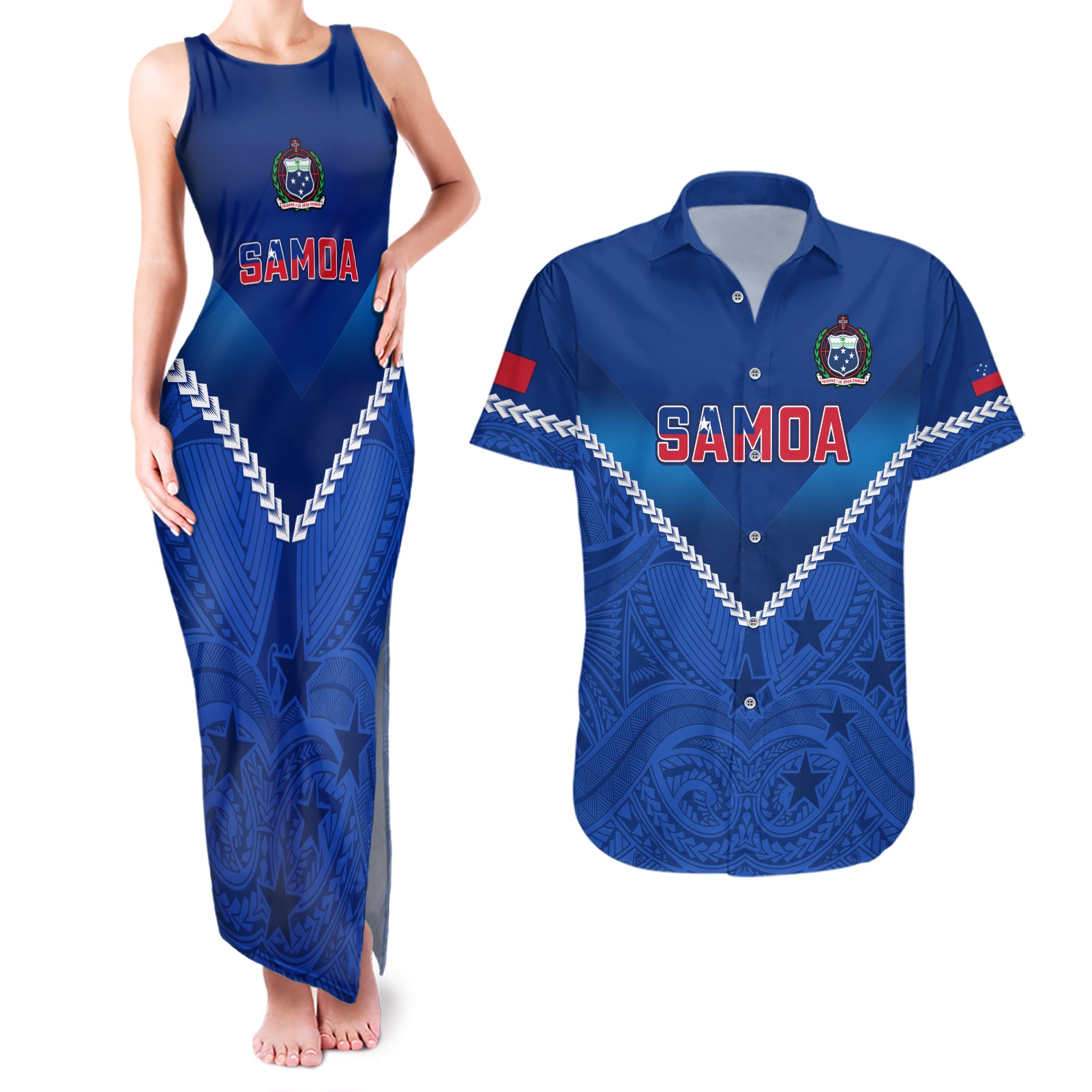 Custom Samoa Rugby Couples Matching Tank Maxi Dress and Hawaiian Shirt 2023 Go Manu Samoa LT14 Blue - Polynesian Pride