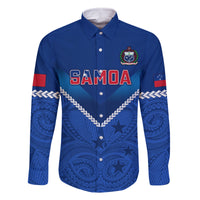 Custom Samoa Rugby Family Matching Off Shoulder Short Dress and Hawaiian Shirt 2023 Go Manu Samoa LT14 Dad's Shirt - Long Sleeve Blue - Polynesian Pride