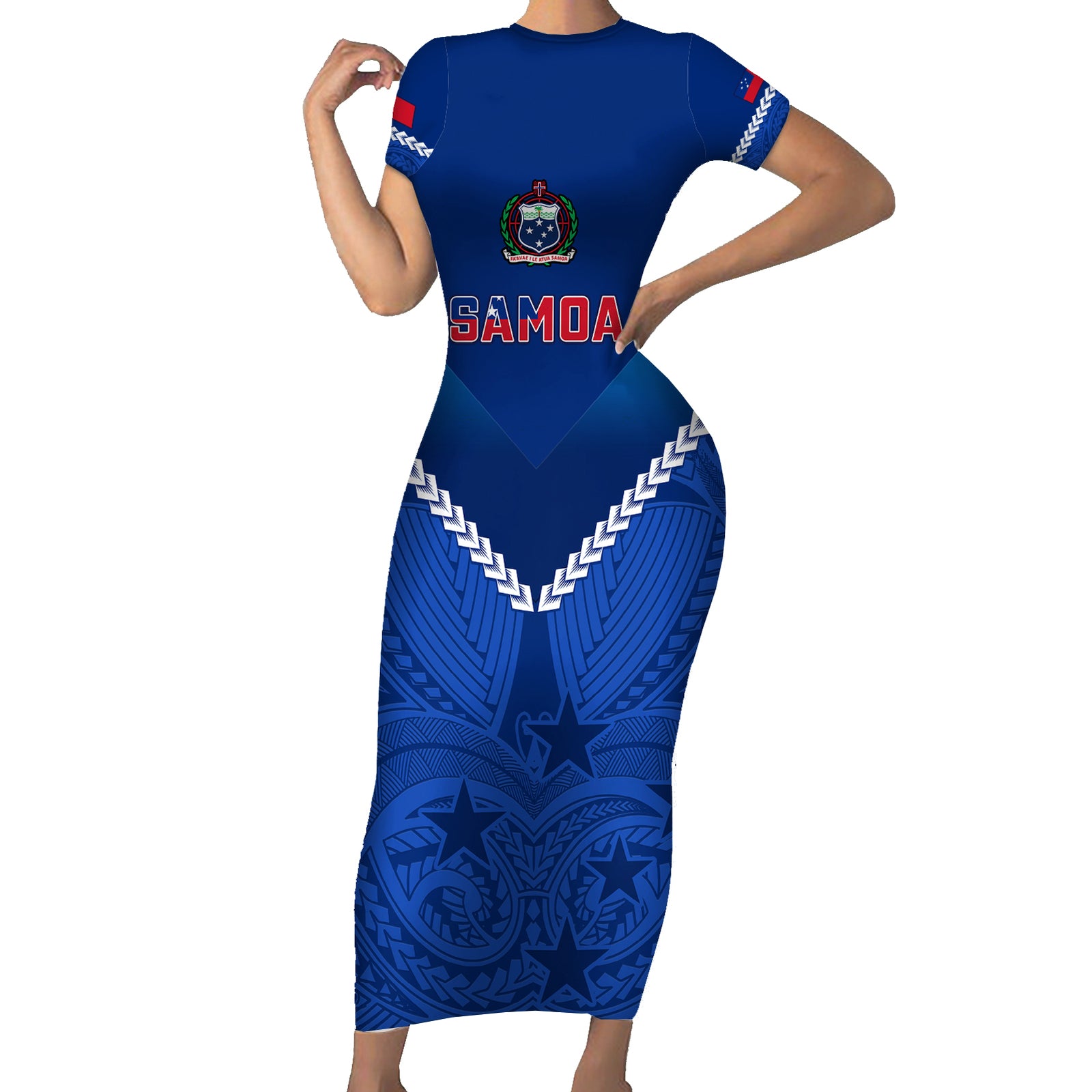 Custom Samoa Rugby Short Sleeve Bodycon Dress 2023 Go Manu Samoa LT14 Long Dress Blue - Polynesian Pride
