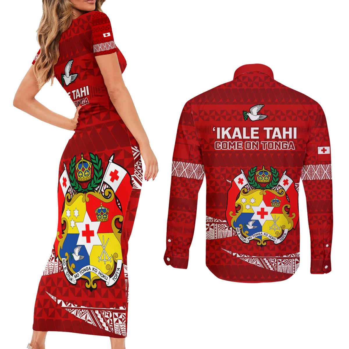 Tonga Rugby Couples Matching Short Sleeve Bodycon Dress and Long Sleeve Button Shirts 2023 Ikale Tahi Tongan Ngatu Pattern LT14 - Polynesian Pride