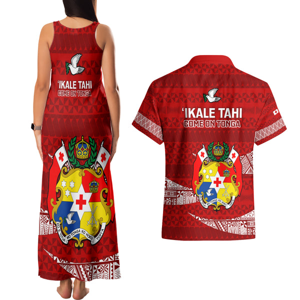 Tonga Rugby Couples Matching Off Shoulder Maxi Dress and Hawaiian Shirt 2023 World Cup Tongan Kupesi Ngatu Pattern LT14 main image 0