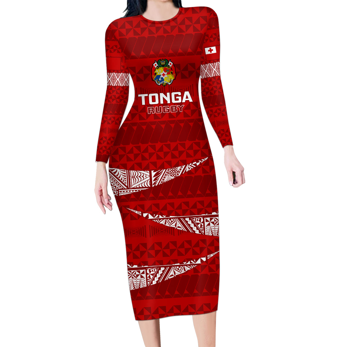 Tonga Rugby Family Matching Long Sleeve Bodycon Dress and Hawaiian Shirt 2023 Ikale Tahi Tongan Ngatu Pattern LT14 Mom's Dress Red - Polynesian Pride