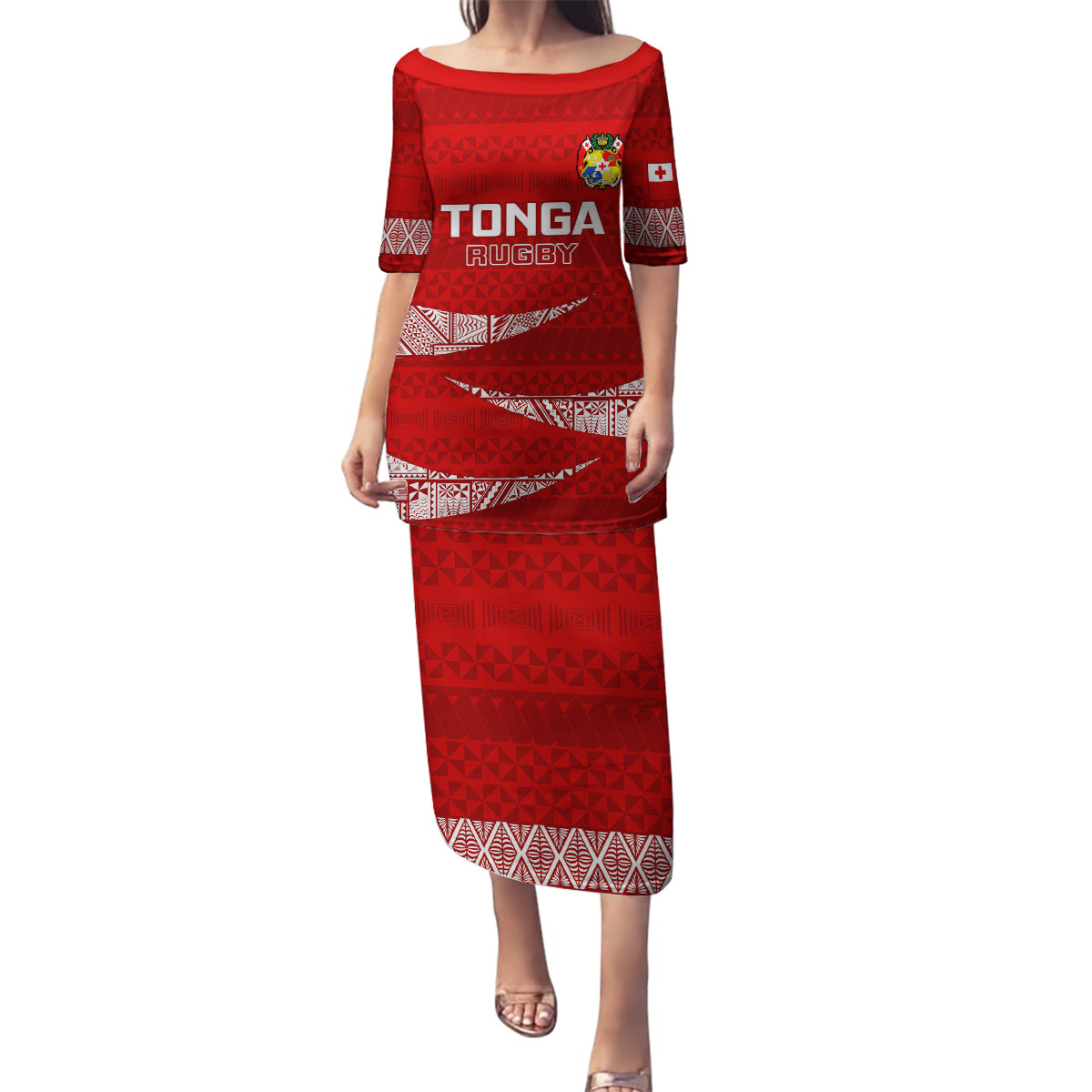 Tonga Rugby Family Matching Puletasi Dress and Hawaiian Shirt 2023 Ikale Tahi Tongan Ngatu Pattern LT14 Mom's Dress Red - Polynesian Pride