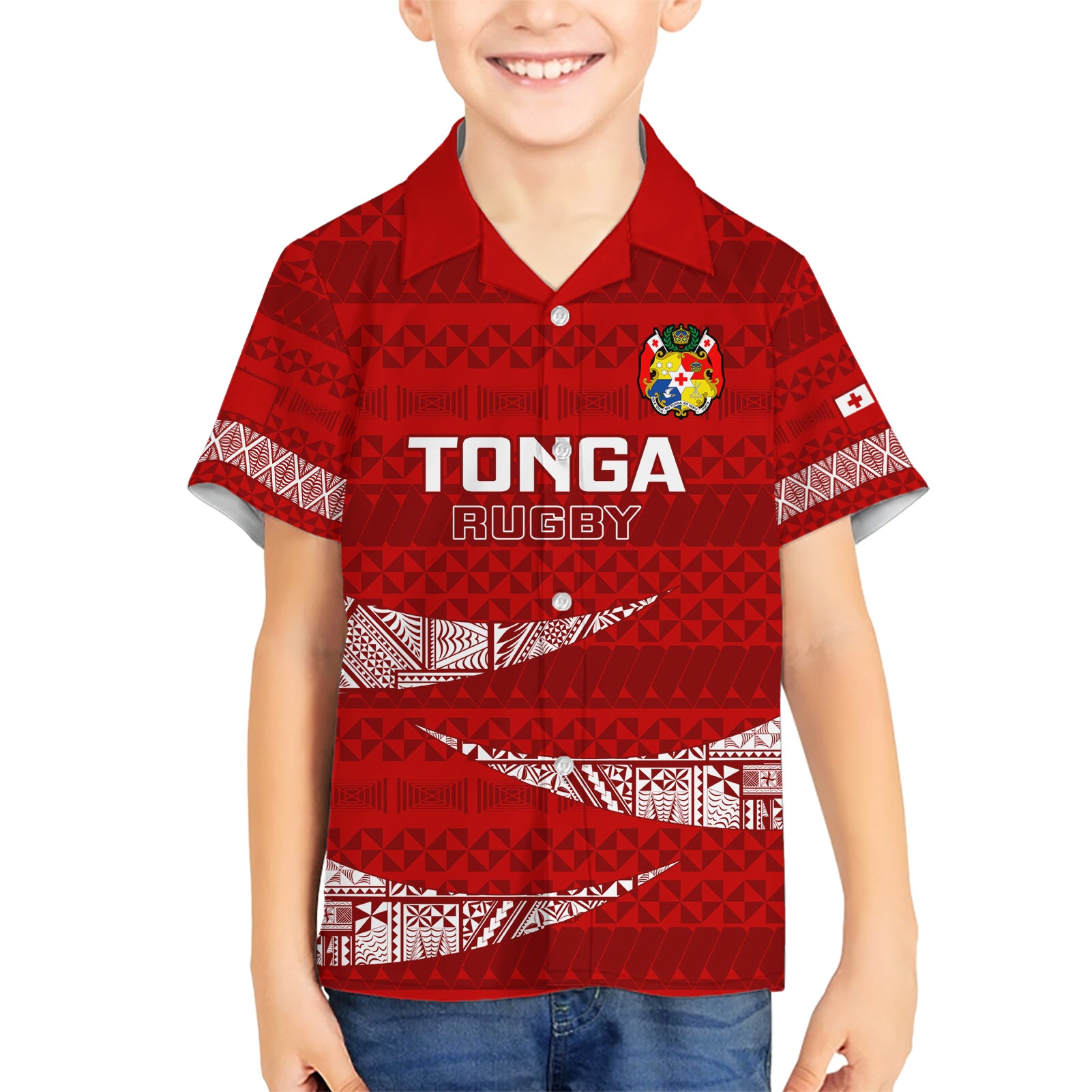 Tonga Rugby Kid Hawaiian Shirt 2023 Ikale Tahi Tongan Ngatu Pattern LT14 Kid Red - Polynesian Pride
