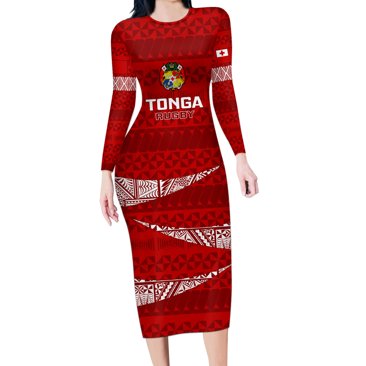 Tonga Rugby Long Sleeve Bodycon Dress 2023 Ikale Tahi Tongan Ngatu Pattern LT14 Long Dress Red - Polynesian Pride