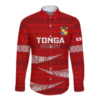 Tonga Rugby Long Sleeve Button Shirt 2023 Ikale Tahi Tongan Ngatu Pattern LT14 Unisex Red - Polynesian Pride