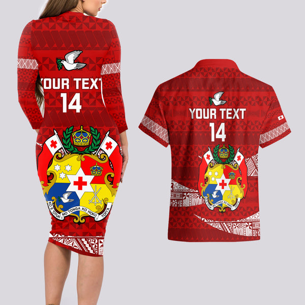 Custom Tonga Rugby Couples Matching Off The Shoulder Long Sleeve Dress and Hawaiian Shirt World Cup 2023 Coat Of Arms Ngatu Pattern LT05 main image 1