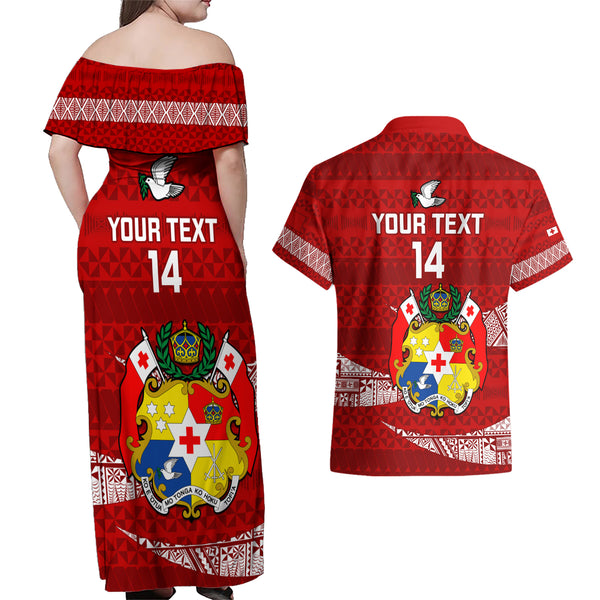 Custom Tonga Rugby Couples Matching Off The Shoulder Long Sleeve Dress and Hawaiian Shirt World Cup 2023 Coat Of Arms Ngatu Pattern LT05