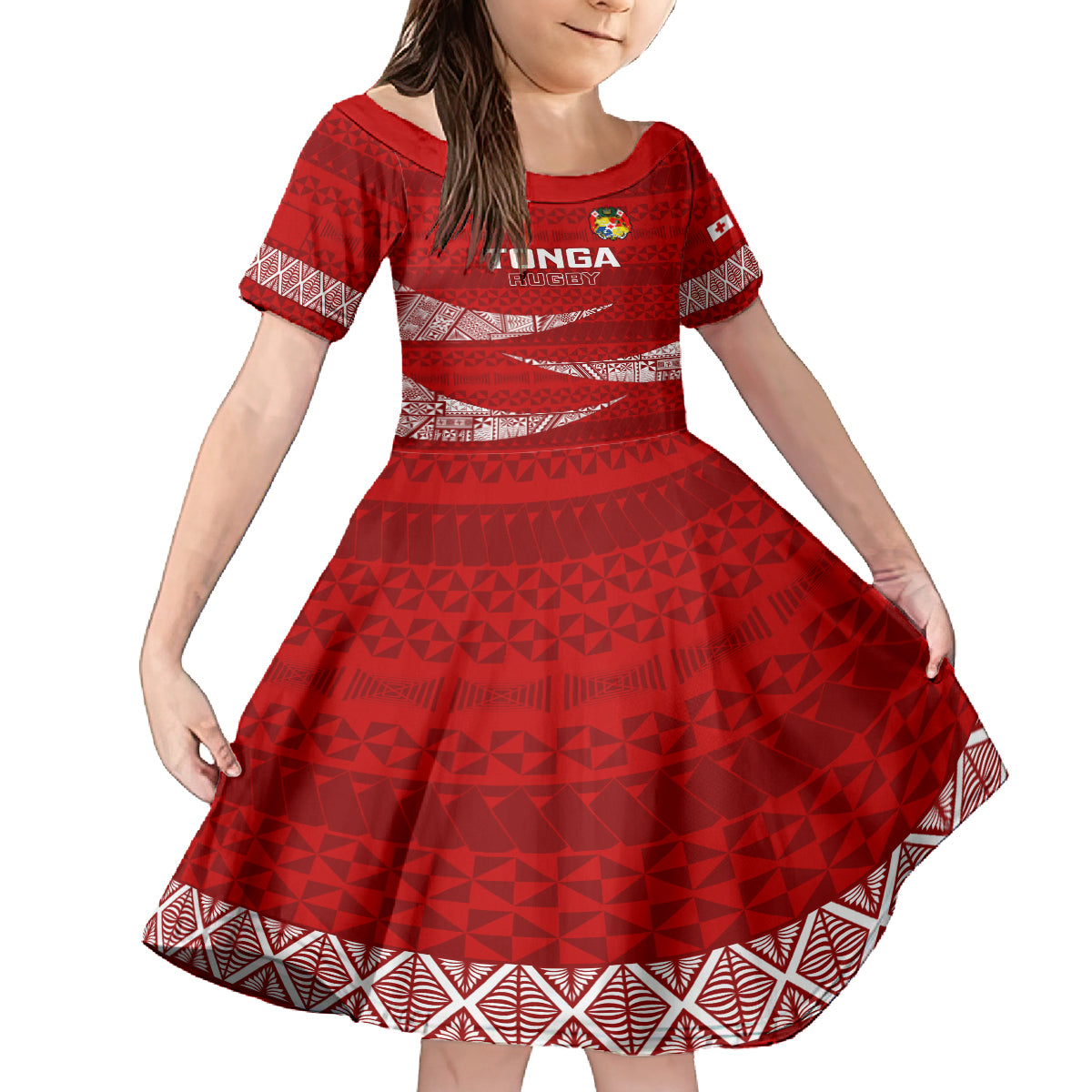 Custom Tonga Rugby Kid Short Sleeve Dress 2023 Ikale Tahi Tongan Ngatu Pattern LT14 KID Red - Polynesian Pride