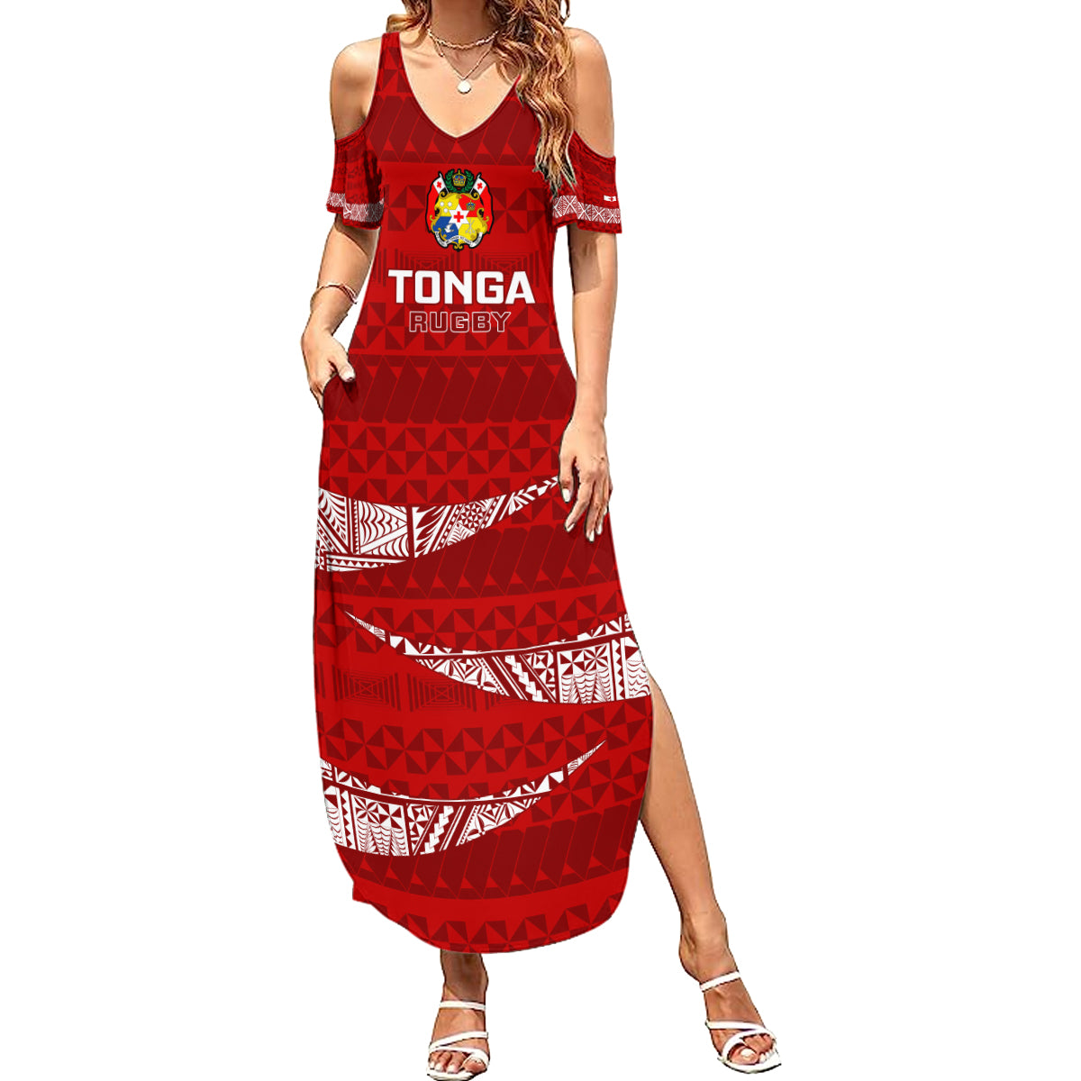 Custom Tonga Rugby Summer Maxi Dress 2023 Ikale Tahi Tongan Ngatu Pattern LT14 Women Red - Polynesian Pride