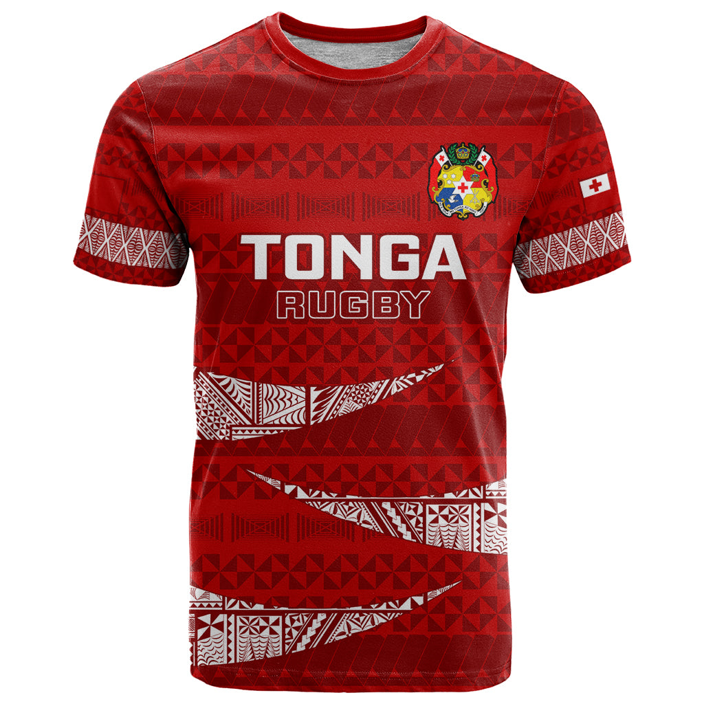 Custom Tonga Rugby T Shirt 2023 Ikale Tahi Tongan Ngatu Pattern LT14 Red - Polynesian Pride