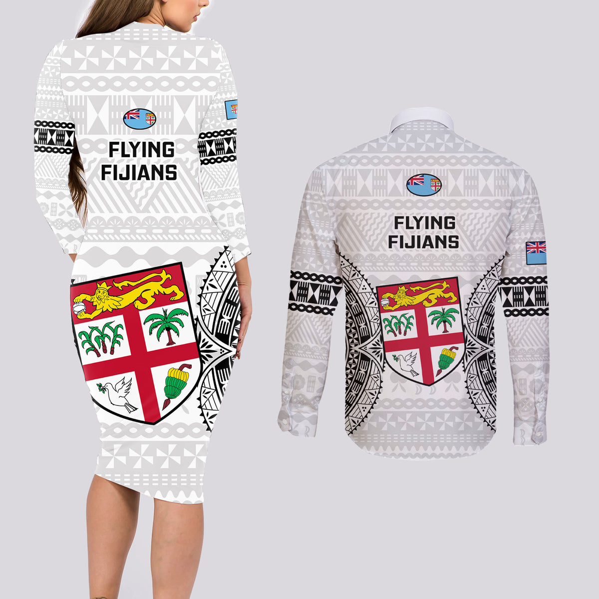 Fiji Rugby Couples Matching Long Sleeve Bodycon Dress and Long Sleeve Button Shirts 2023 Go Champions World Cup Fijian Tapa Pattern LT14 - Polynesian Pride