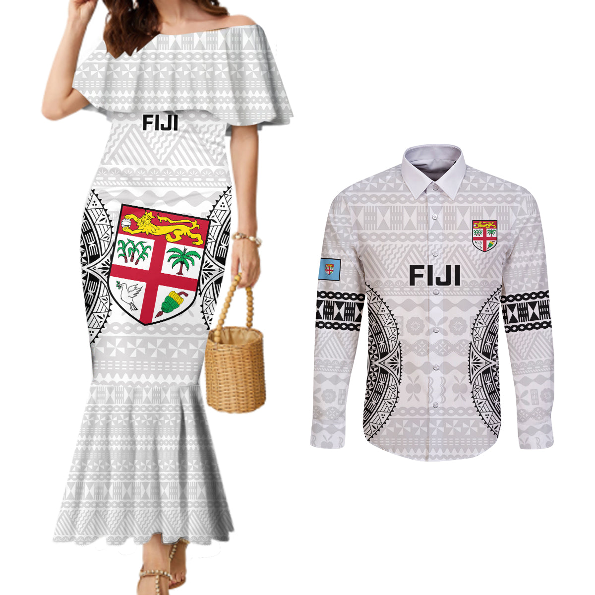 Fiji Rugby Couples Matching Mermaid Dress and Long Sleeve Button Shirts 2023 Go Champions World Cup Fijian Tapa Pattern LT14 White - Polynesian Pride