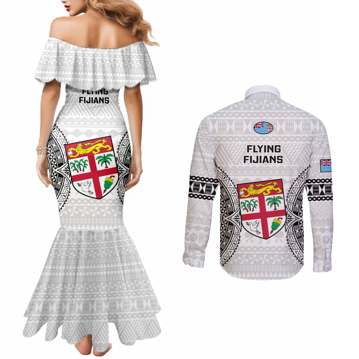 Fiji Rugby Couples Matching Mermaid Dress and Long Sleeve Button Shirts 2023 Go Champions World Cup Fijian Tapa Pattern LT14 - Polynesian Pride