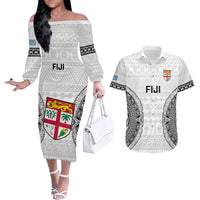 Fiji Rugby Couples Matching Off The Shoulder Long Sleeve Dress and Hawaiian Shirt 2023 Go Champions World Cup Fijian Tapa Pattern LT14 White - Polynesian Pride