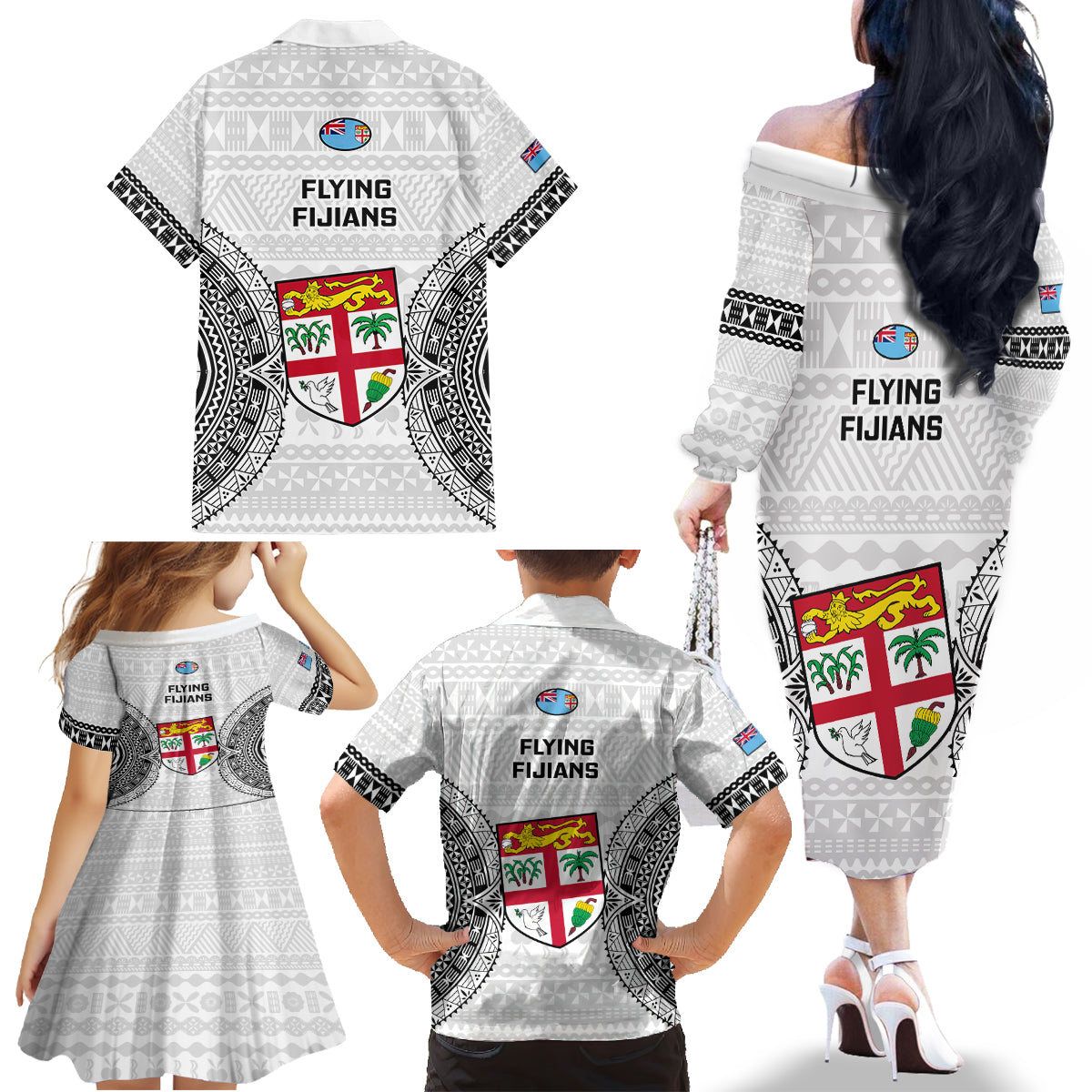 Fiji Rugby Family Matching Off Shoulder Long Sleeve Dress and Hawaiian Shirt 2023 Go Champions World Cup Fijian Tapa Pattern LT14 - Polynesian Pride
