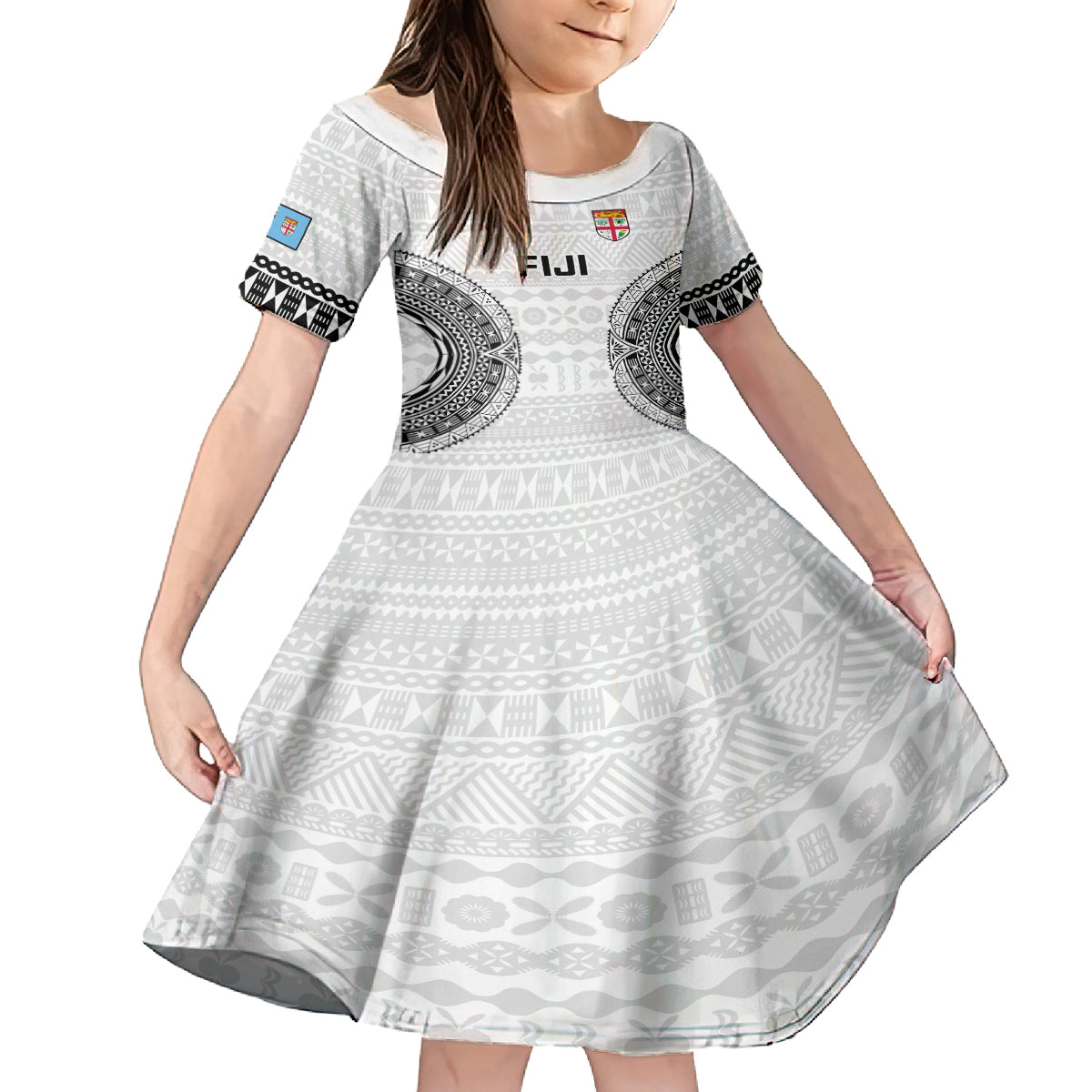Fiji Rugby Kid Short Sleeve Dress 2023 Go Champions World Cup Fijian Tapa Pattern LT14 KID White - Polynesian Pride