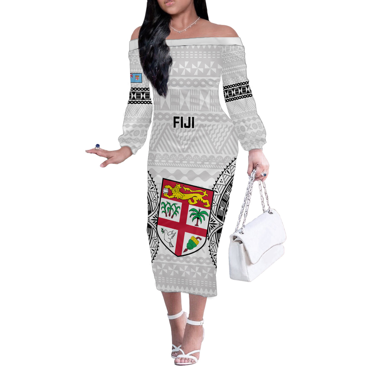 Fiji Rugby Off The Shoulder Long Sleeve Dress 2023 Go Champions World Cup Fijian Tapa Pattern LT14 Women White - Polynesian Pride