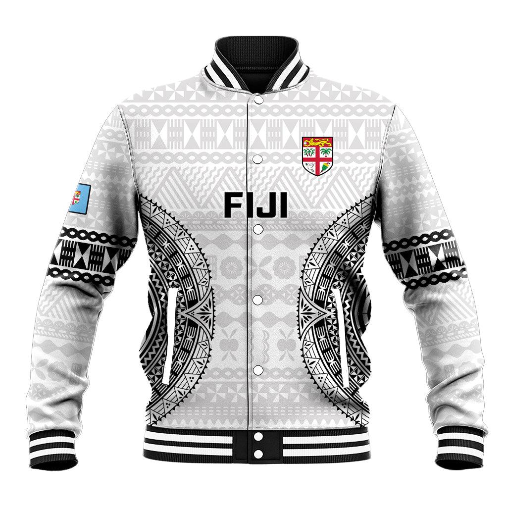 Custom Fiji Rugby Baseball Jacket 2023 Go Champions World Cup Fijian Tapa Pattern LT14 Unisex White - Polynesian Pride