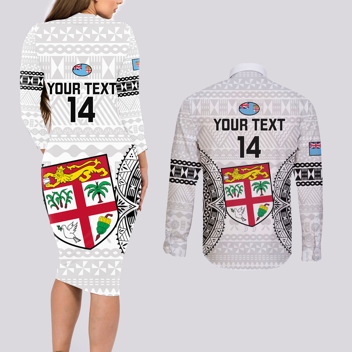Custom Fiji Rugby Couples Matching Long Sleeve Bodycon Dress and Long Sleeve Button Shirts 2023 Go Champions World Cup Fijian Tapa Pattern LT14 - Polynesian Pride