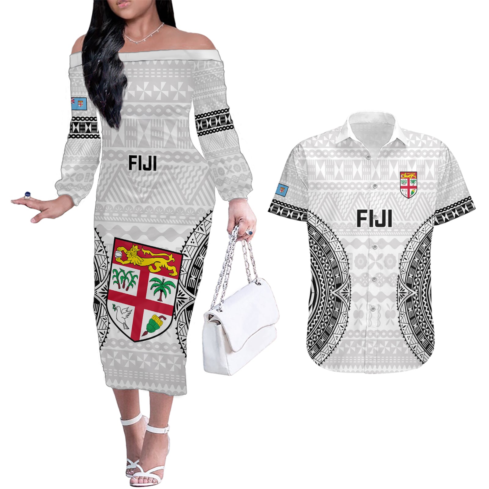 Custom Fiji Rugby Couples Matching Off The Shoulder Long Sleeve Dress and Hawaiian Shirt 2023 Go Champions World Cup Fijian Tapa Pattern LT14 White - Polynesian Pride
