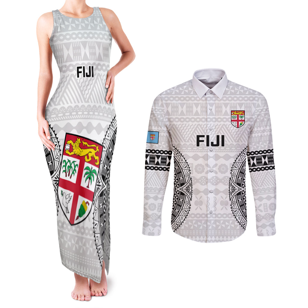 Custom Fiji Rugby Couples Matching Tank Maxi Dress and Long Sleeve Button Shirts 2023 Go Champions World Cup Fijian Tapa Pattern LT14 White - Polynesian Pride
