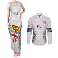 Custom Fiji Rugby Couples Matching Tank Maxi Dress and Long Sleeve Button Shirts 2023 Go Champions World Cup Fijian Tapa Pattern LT14 White - Polynesian Pride
