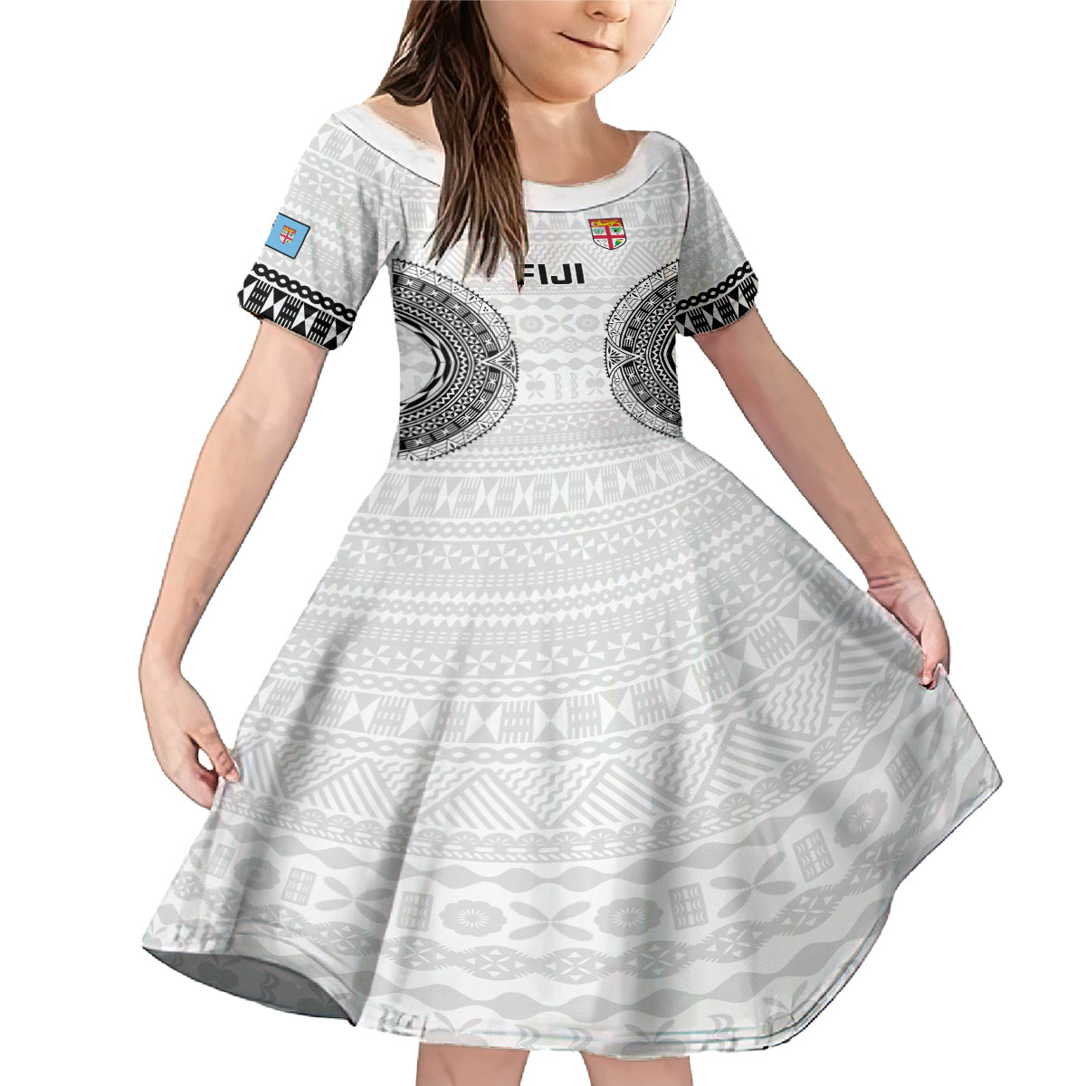 Custom Fiji Rugby Family Matching Mermaid Dress and Hawaiian Shirt 2023 Go Champions World Cup Fijian Tapa Pattern LT14 Daughter's Dress White - Polynesian Pride