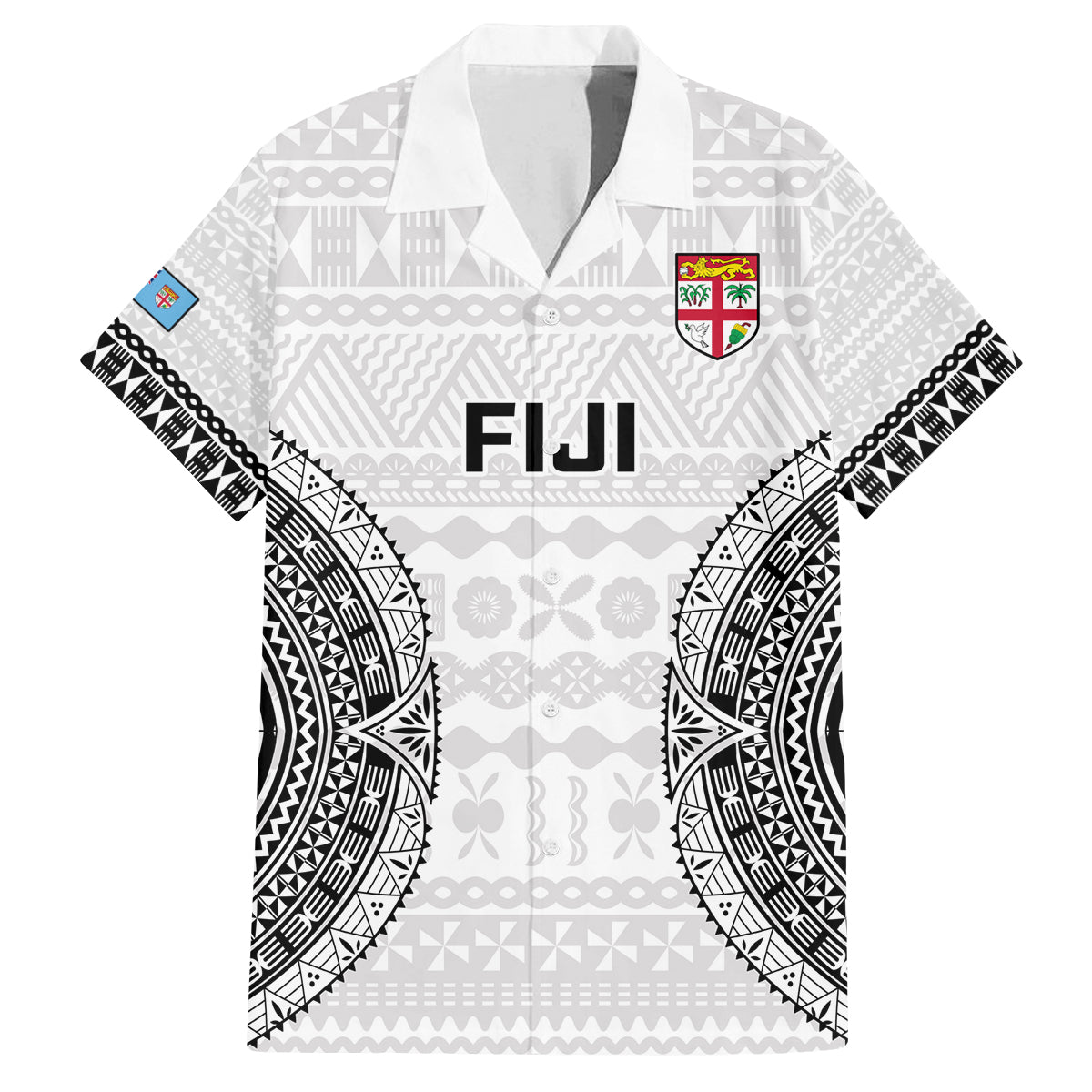Custom Fiji Rugby Family Matching Off Shoulder Short Dress and Hawaiian Shirt 2023 Go Champions World Cup Fijian Tapa Pattern LT14 Dad's Shirt - Short Sleeve White - Polynesian Pride
