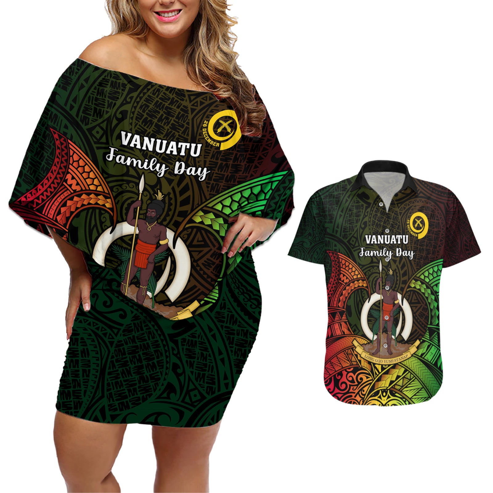 Personalised Vanuatu Family Day Couples Matching Off Shoulder Short Dress and Hawaiian Shirt Happy 26 December Vanuatuan Pig Tusk LT14 Black - Polynesian Pride