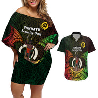 Personalised Vanuatu Family Day Couples Matching Off Shoulder Short Dress and Hawaiian Shirt Happy 26 December Vanuatuan Pig Tusk LT14 Black - Polynesian Pride