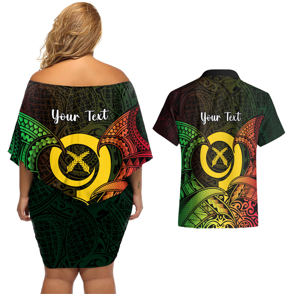 Personalised Vanuatu Family Day Couples Matching Off Shoulder Short Dress and Hawaiian Shirt Happy 26 December Vanuatuan Pig Tusk LT14 - Polynesian Pride