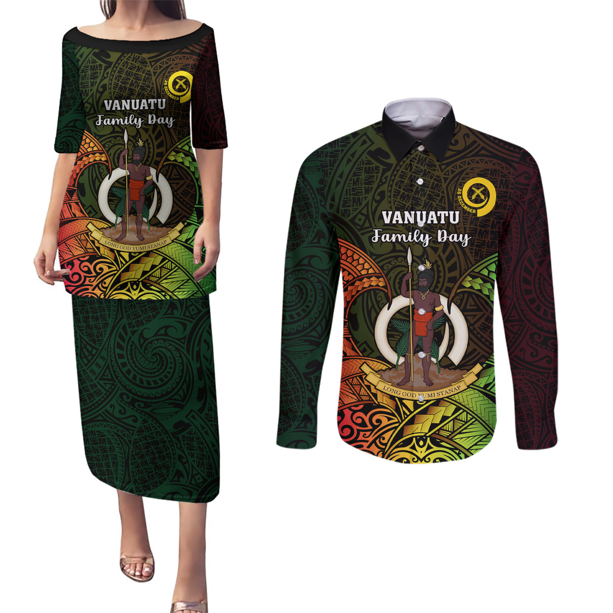 Personalised Vanuatu Family Day Couples Matching Puletasi Dress and Long Sleeve Button Shirt Happy 26 December Vanuatuan Pig Tusk LT14 Black - Polynesian Pride