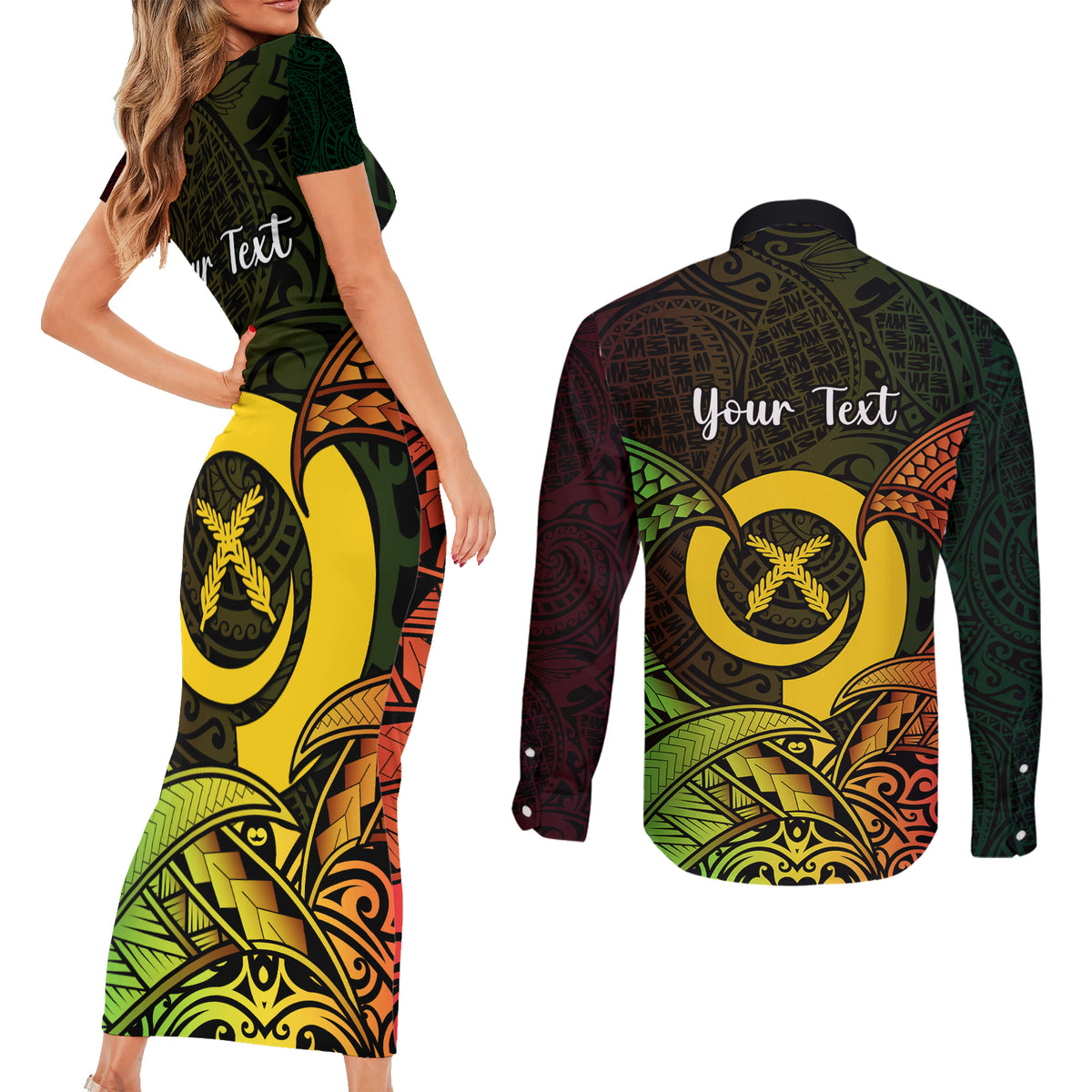 Personalised Vanuatu Family Day Couples Matching Short Sleeve Bodycon Dress and Long Sleeve Button Shirt Happy 26 December Vanuatuan Pig Tusk LT14 - Polynesian Pride