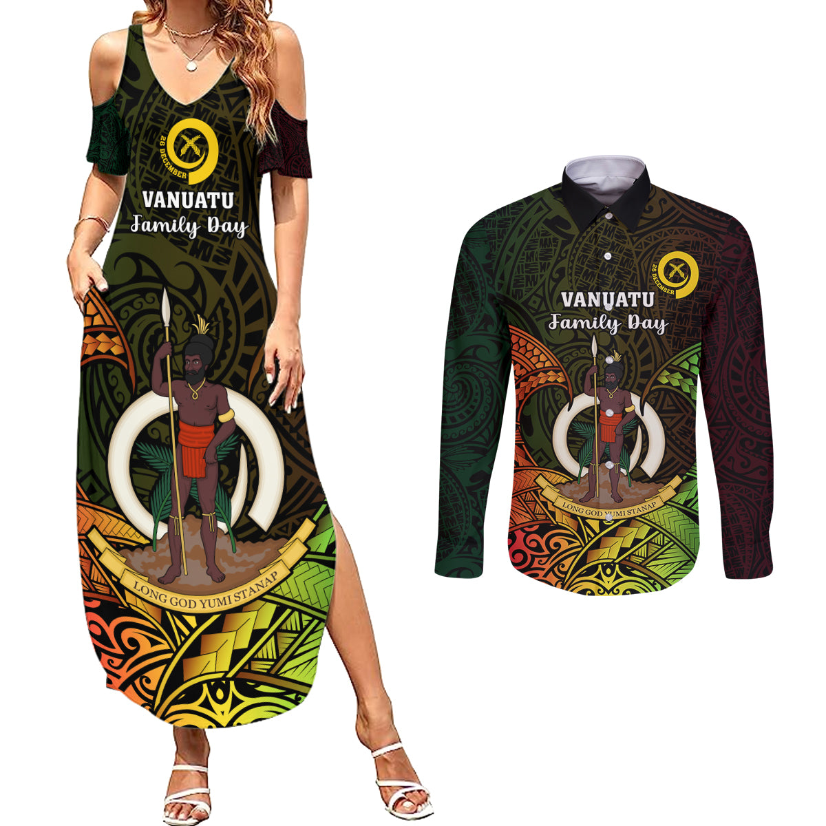 Personalised Vanuatu Family Day Couples Matching Summer Maxi Dress and Long Sleeve Button Shirt Happy 26 December Vanuatuan Pig Tusk LT14 Black - Polynesian Pride