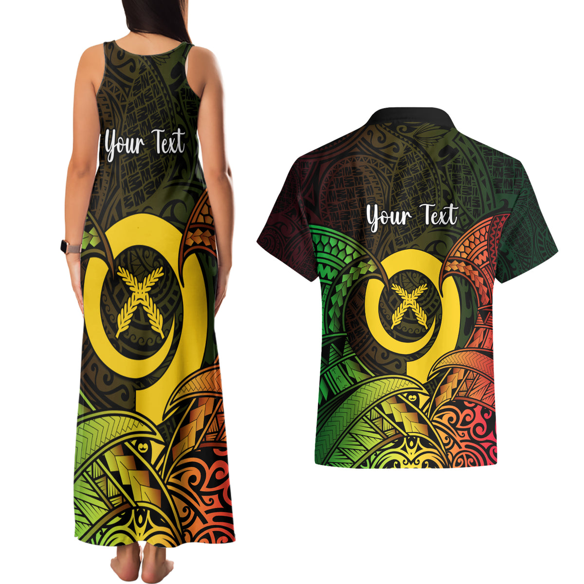 Personalised Vanuatu Family Day Couples Matching Tank Maxi Dress and Hawaiian Shirt Happy 26 December Vanuatuan Pig Tusk LT14 - Polynesian Pride