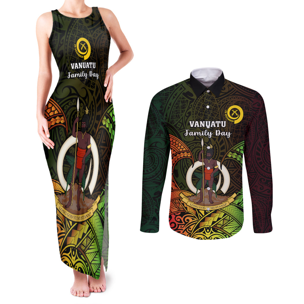 Personalised Vanuatu Family Day Couples Matching Tank Maxi Dress and Long Sleeve Button Shirt Happy 26 December Vanuatuan Pig Tusk LT14 Black - Polynesian Pride