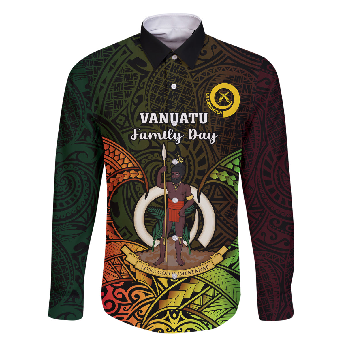 Personalised Vanuatu Family Day Family Matching Mermaid Dress and Hawaiian Shirt Happy 26 December Vanuatuan Pig Tusk LT14 Dad's Shirt - Long Sleeve Black - Polynesian Pride