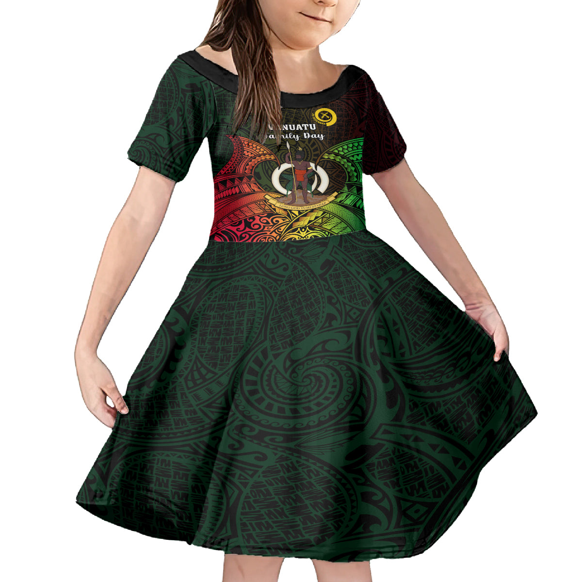Personalised Vanuatu Family Day Family Matching Puletasi Dress and Hawaiian Shirt Happy 26 December Vanuatuan Pig Tusk LT14 Daughter's Dress Black - Polynesian Pride