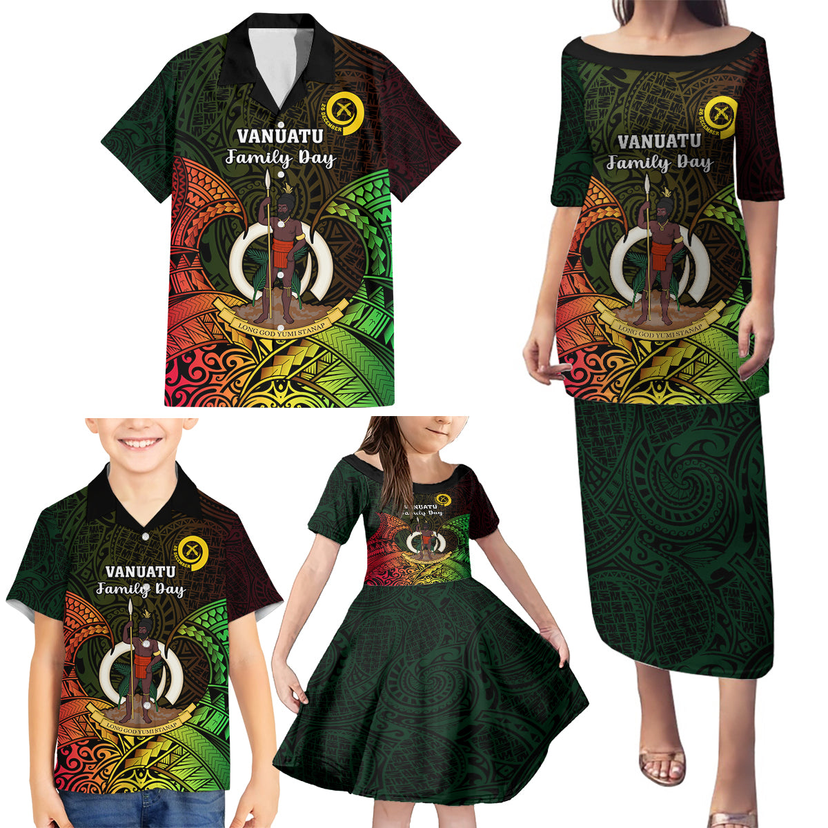 Personalised Vanuatu Family Day Family Matching Puletasi Dress and Hawaiian Shirt Happy 26 December Vanuatuan Pig Tusk LT14 - Polynesian Pride