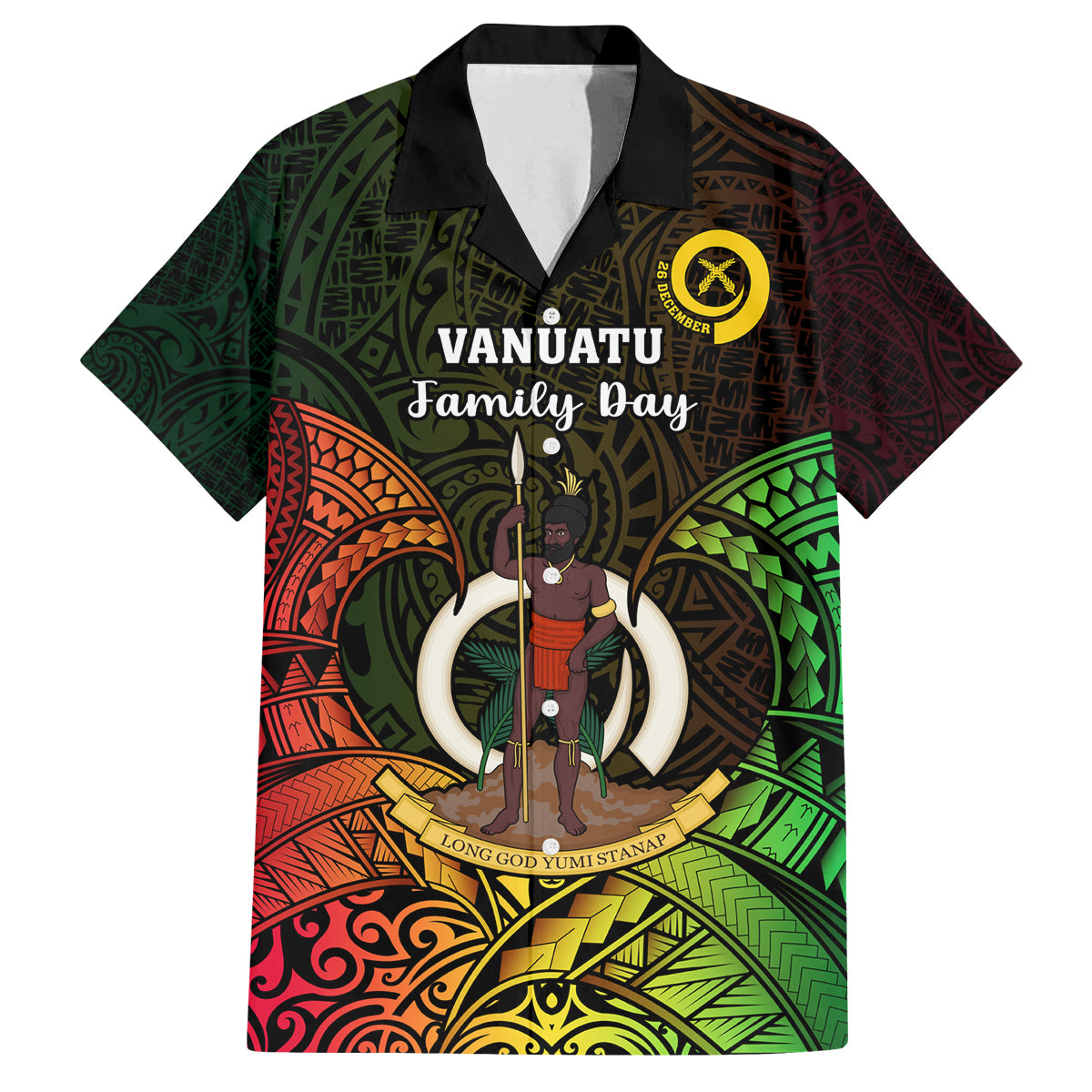 Personalised Vanuatu Family Day Family Matching Puletasi Dress and Hawaiian Shirt Happy 26 December Vanuatuan Pig Tusk LT14 Dad's Shirt - Short Sleeve Black - Polynesian Pride