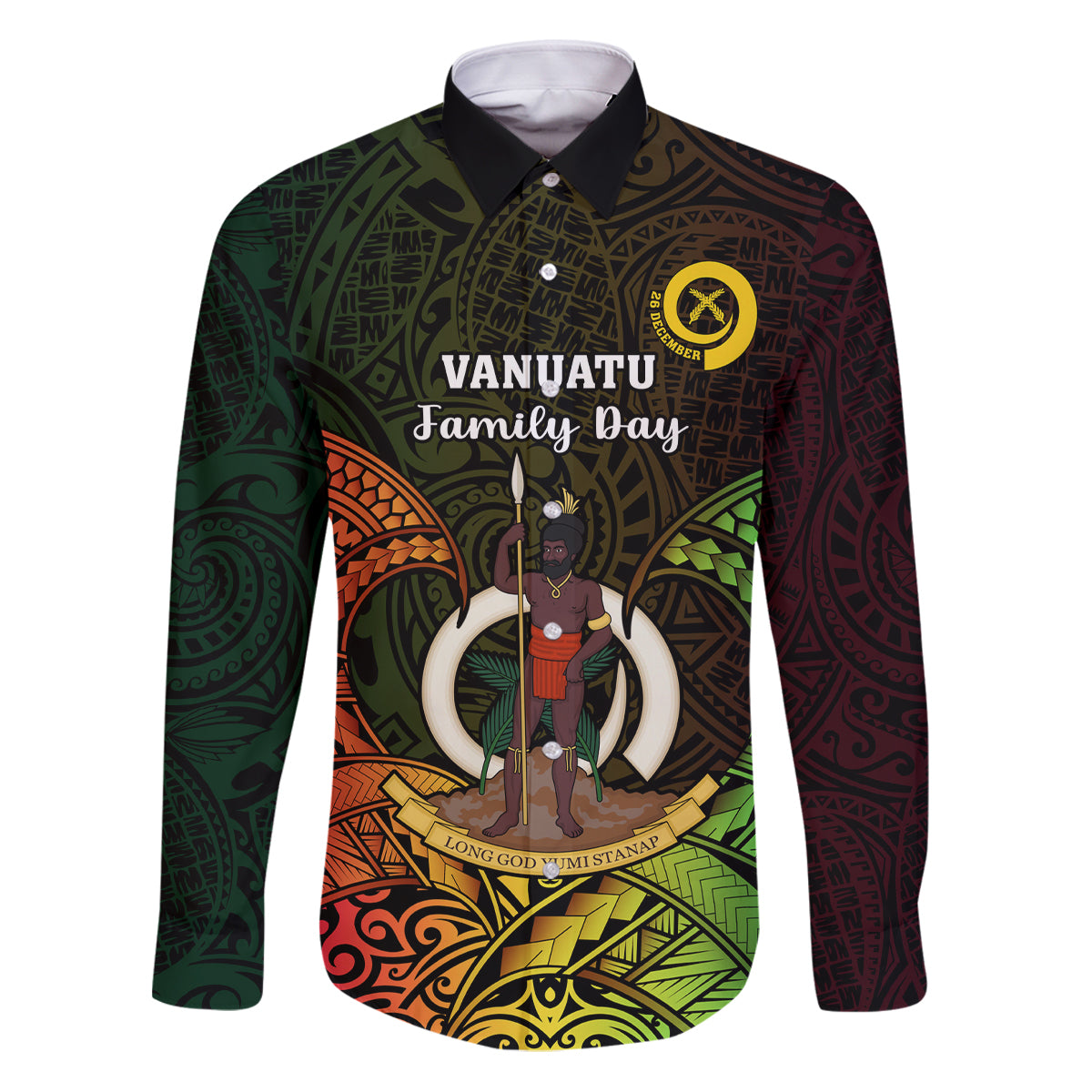 Personalised Vanuatu Family Day Family Matching Puletasi Dress and Hawaiian Shirt Happy 26 December Vanuatuan Pig Tusk LT14 Dad's Shirt - Long Sleeve Black - Polynesian Pride
