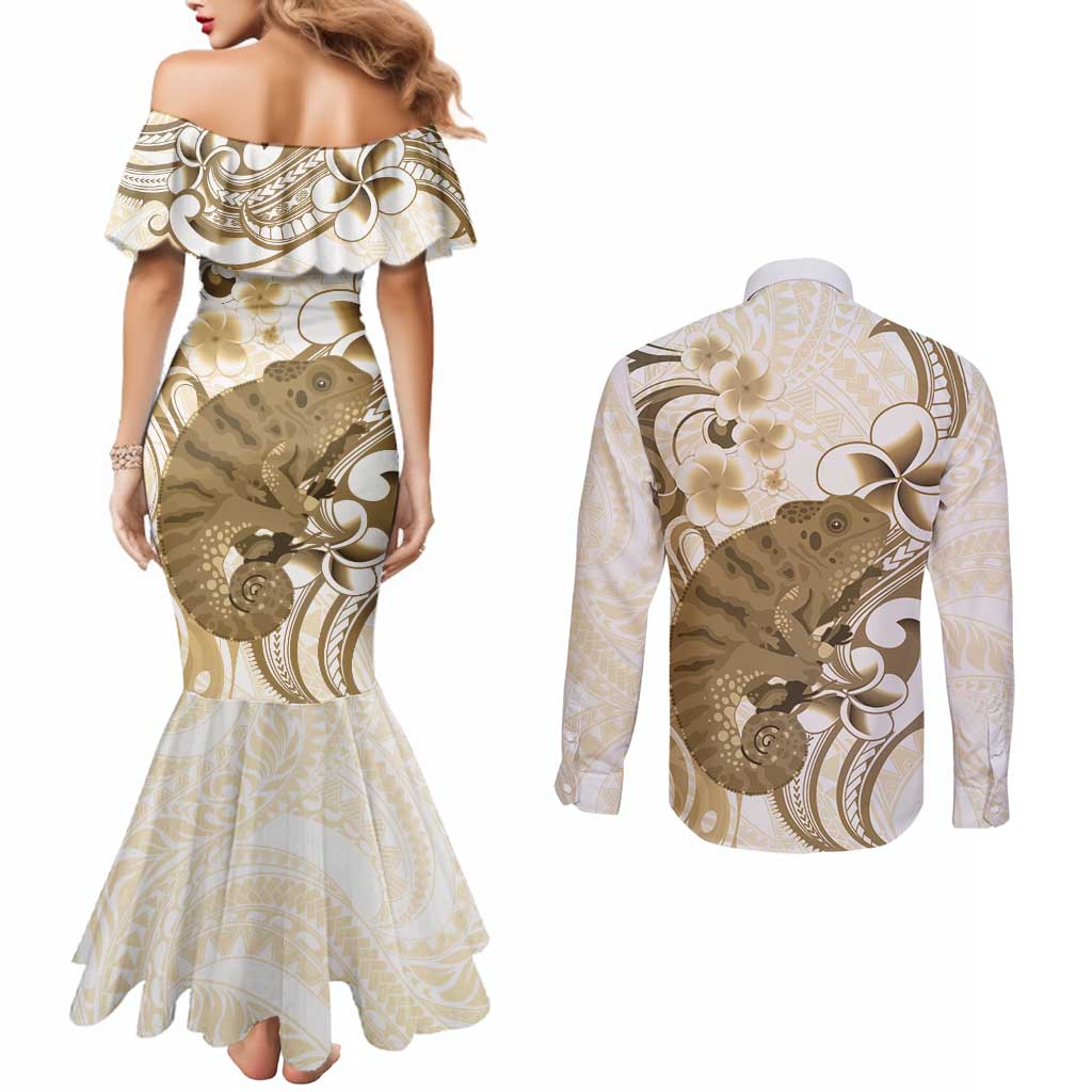 Brown And White Hawaii Chameleon Couples Matching Mermaid Dress and Long Sleeve Button Shirt Plumeria Polynesian Tribal Art