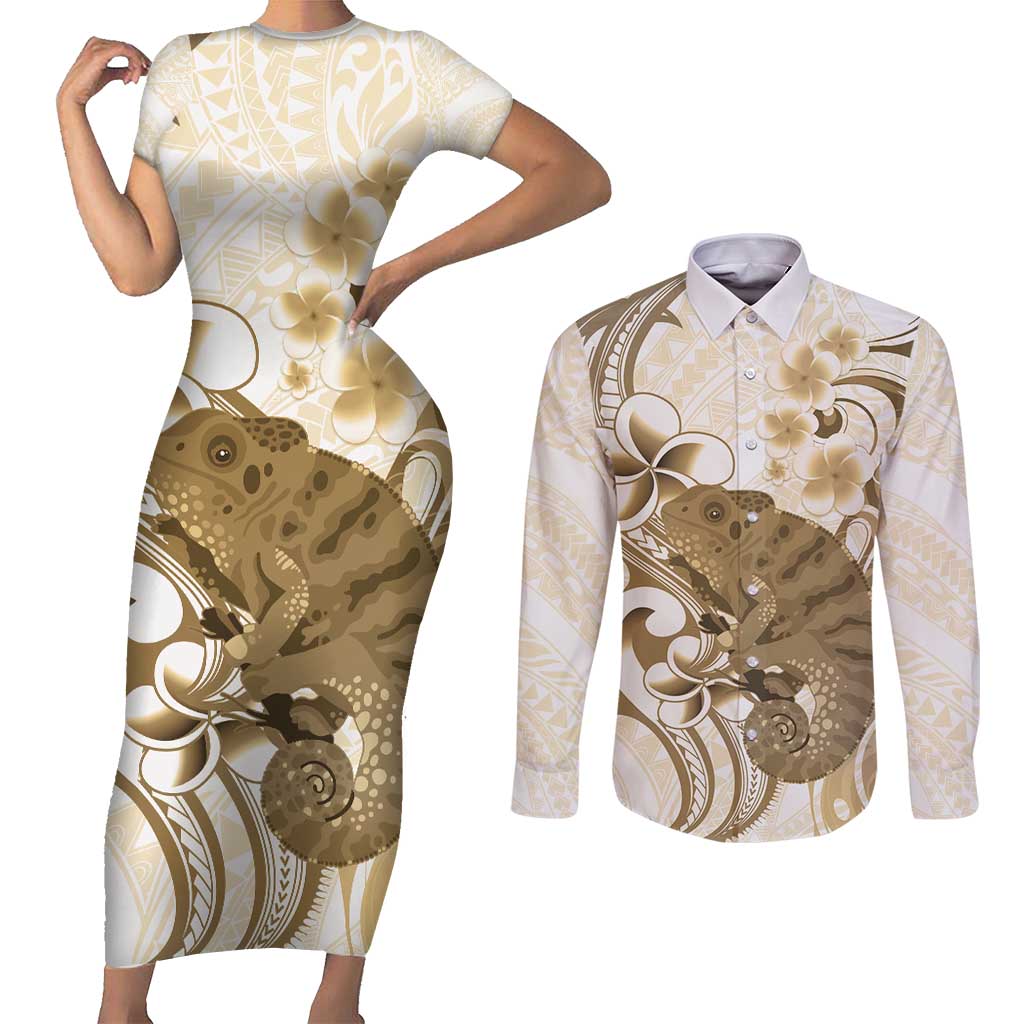 Brown And White Hawaii Chameleon Couples Matching Short Sleeve Bodycon Dress and Long Sleeve Button Shirt Plumeria Polynesian Tribal Art LT14 Brown - Polynesian Pride
