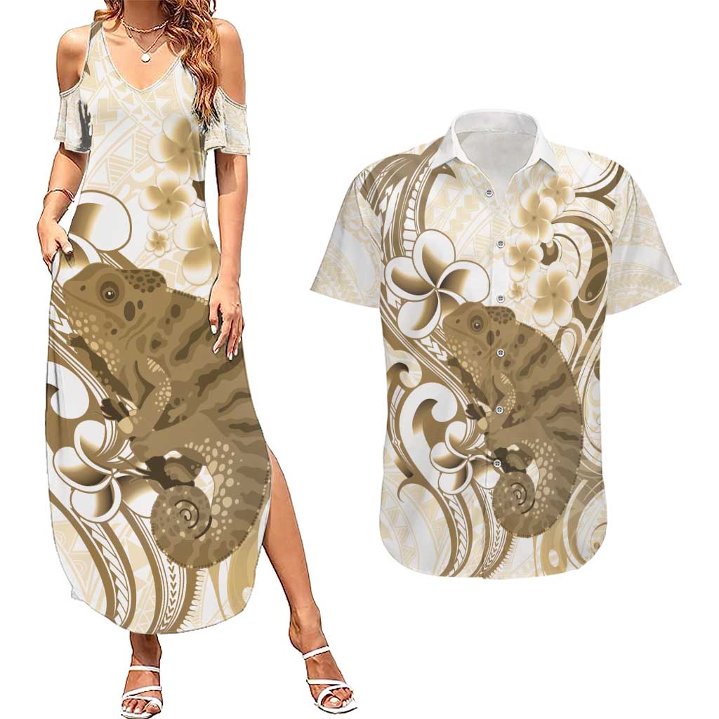 Brown And White Hawaii Chameleon Couples Matching Summer Maxi Dress and Hawaiian Shirt Plumeria Polynesian Tribal Art LT14 Brown - Polynesian Pride