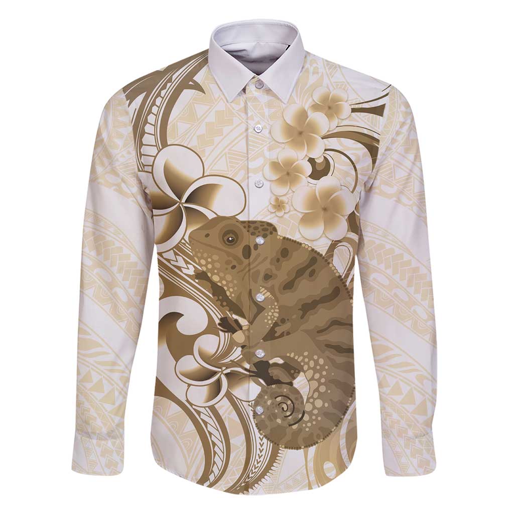 Brown And White Hawaii Chameleon Family Matching Off Shoulder Maxi Dress and Hawaiian Shirt Plumeria Polynesian Tribal Art