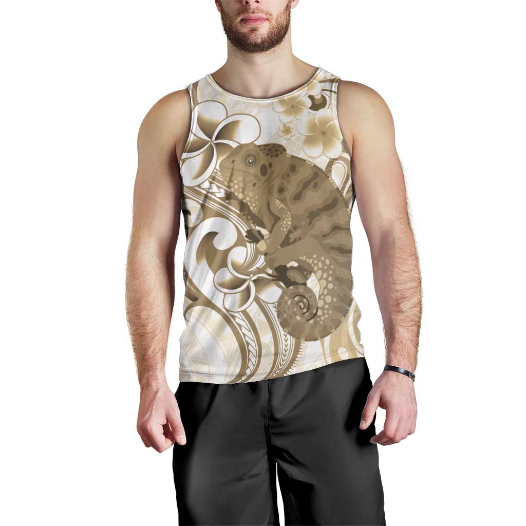 Brown And White Hawaii Chameleon Men Tank Top Plumeria Polynesian Tribal Art