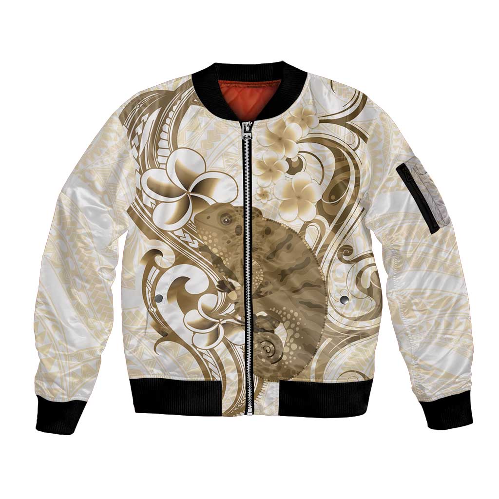 Brown And White Hawaii Chameleon Sleeve Zip Bomber Jacket Plumeria Polynesian Tribal Art LT14 Unisex Brown - Polynesian Pride