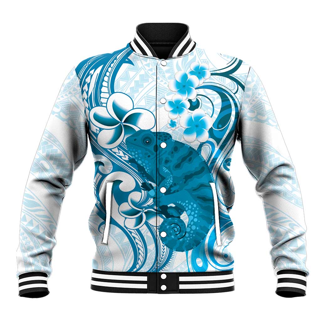 Cyan And White Hawaii Chameleon Baseball Jacket Plumeria Polynesian Tribal Art LT14 Unisex Cyan - Polynesian Pride